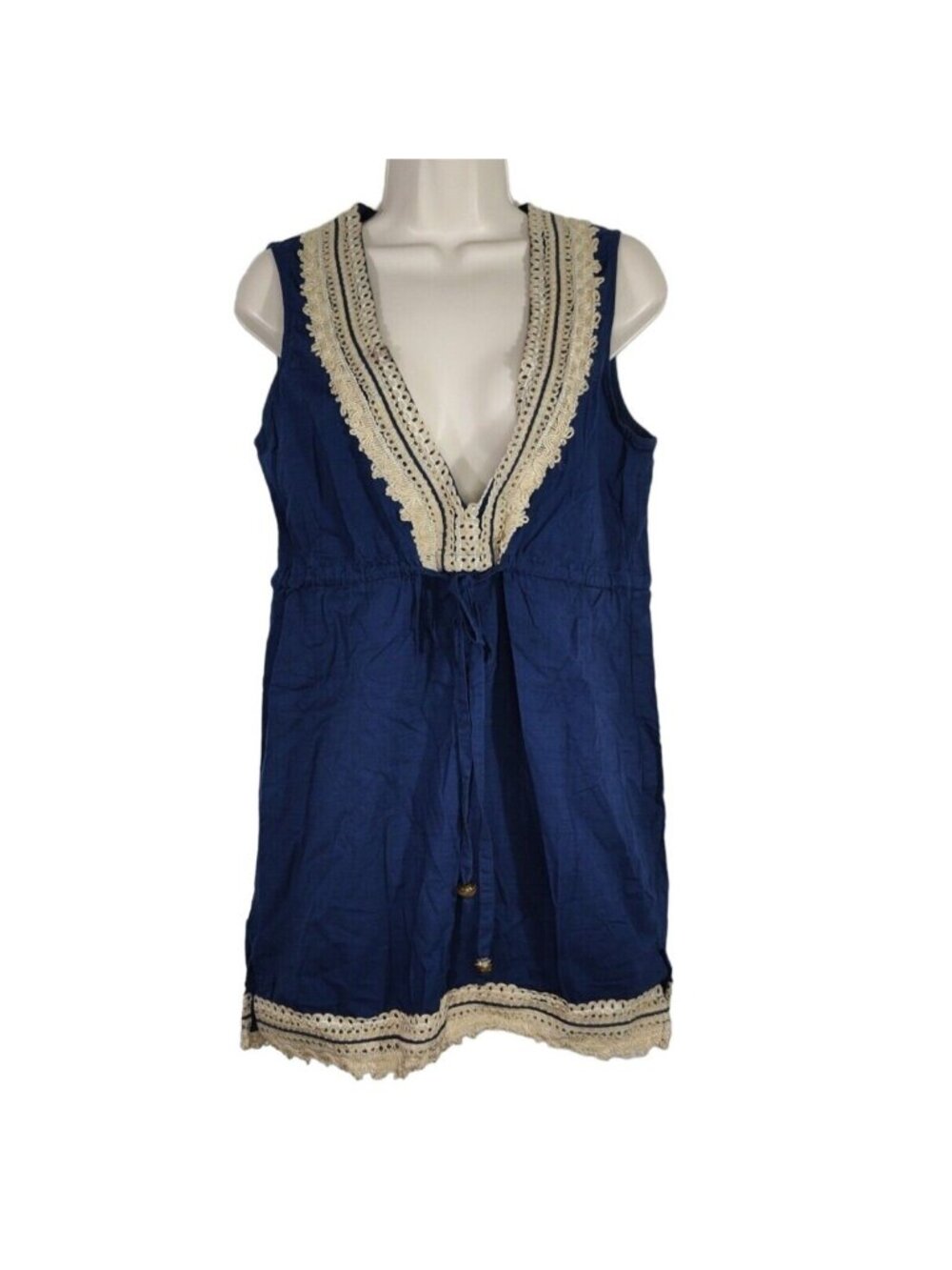 Mud Pie Blue Babydoll Top Boho Women Size S Plunge V-neck Sleeveless Tie Waist - Picture 2 of 9